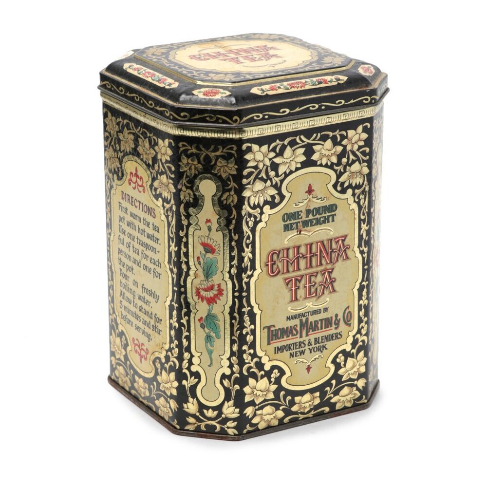 Vintage Daher Tea Tin Thomas Martin & Co China Tea Container Floral Black Gold